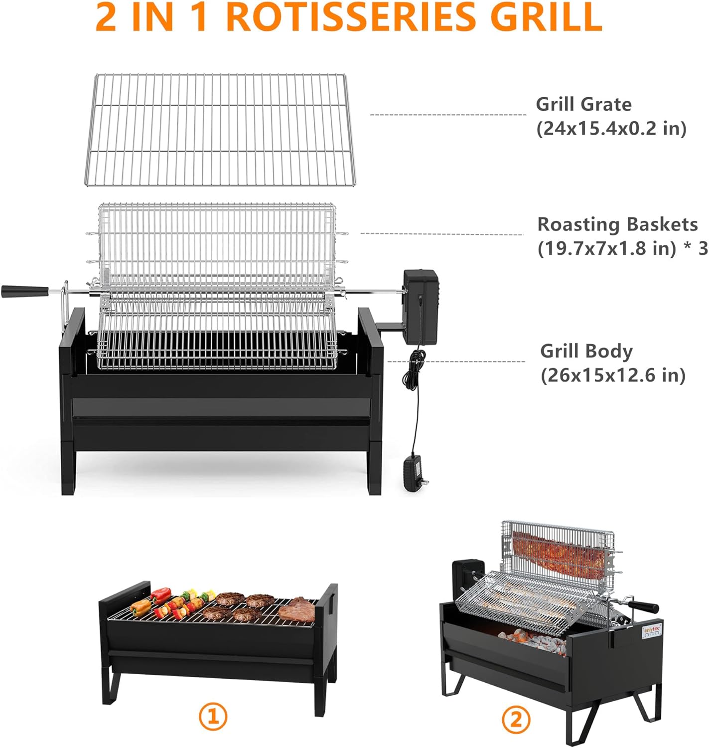 Onlyfire 2 IN 1 Charcoal Grill Rotisserie Kit with 3 Stainless Steel Rotating Baskets and 24 In Grill Grate, Auto Swivel BBQ Roasting Machine for Outdoor Patio Backyard Barbecue, GS304 - Image 2
